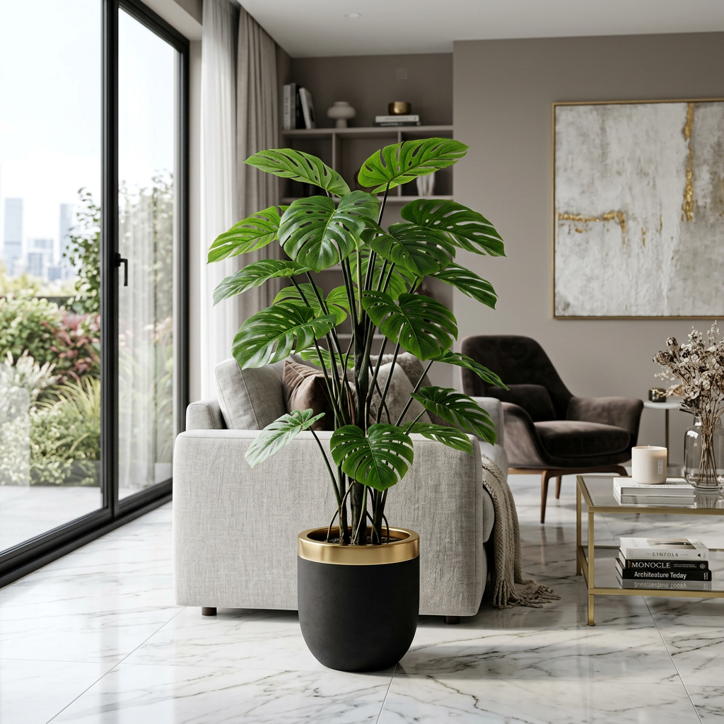 Monstera Artificielle Premium — Pot Céramique Noir & Or