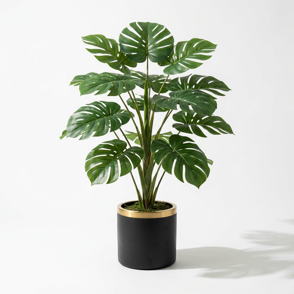 Monstera Artificielle Premium — Pot Céramique Noir & Or