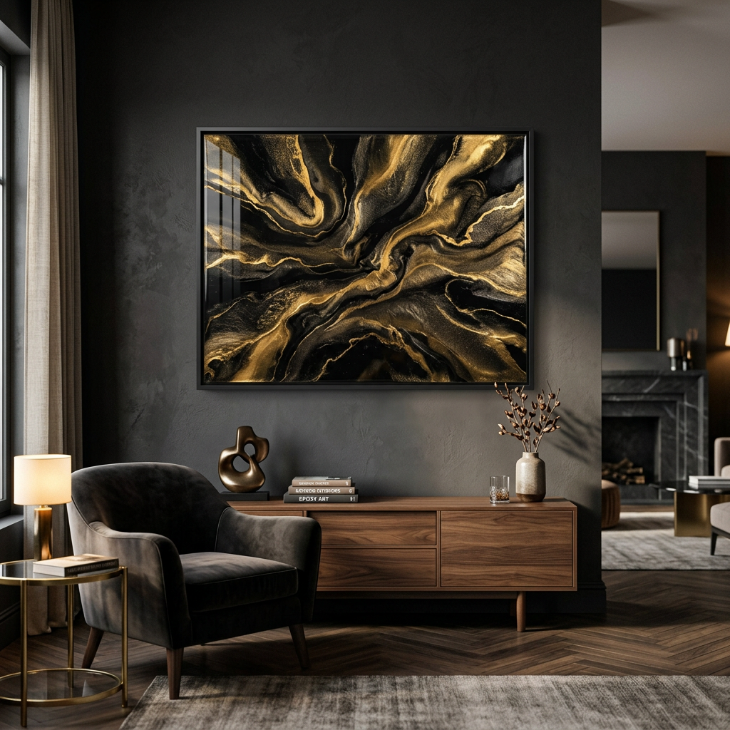 Tableau Résine Époxy Noir & Or ⭐